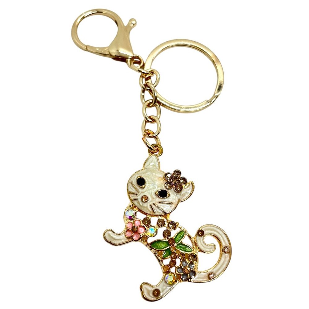 3/$30 CAT KEYCHAIN GOLD TONE ENAMEL RHINESTONE KITTY BAG CHARM BOUTIQUE NWT GIFT